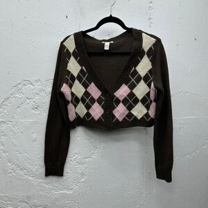 Cropped Mini Argyle Brown and Pink Cardigan Sweater